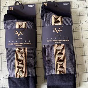 Versace Men's Black and Gold Patterned Dress Socks 8-12
